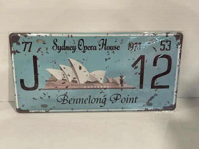 Vintage Style Tin Number Plate Sign<br><b style="color: #03236a;">JBAU844</b><br><b style="color: #03236a;">Opera House</b>